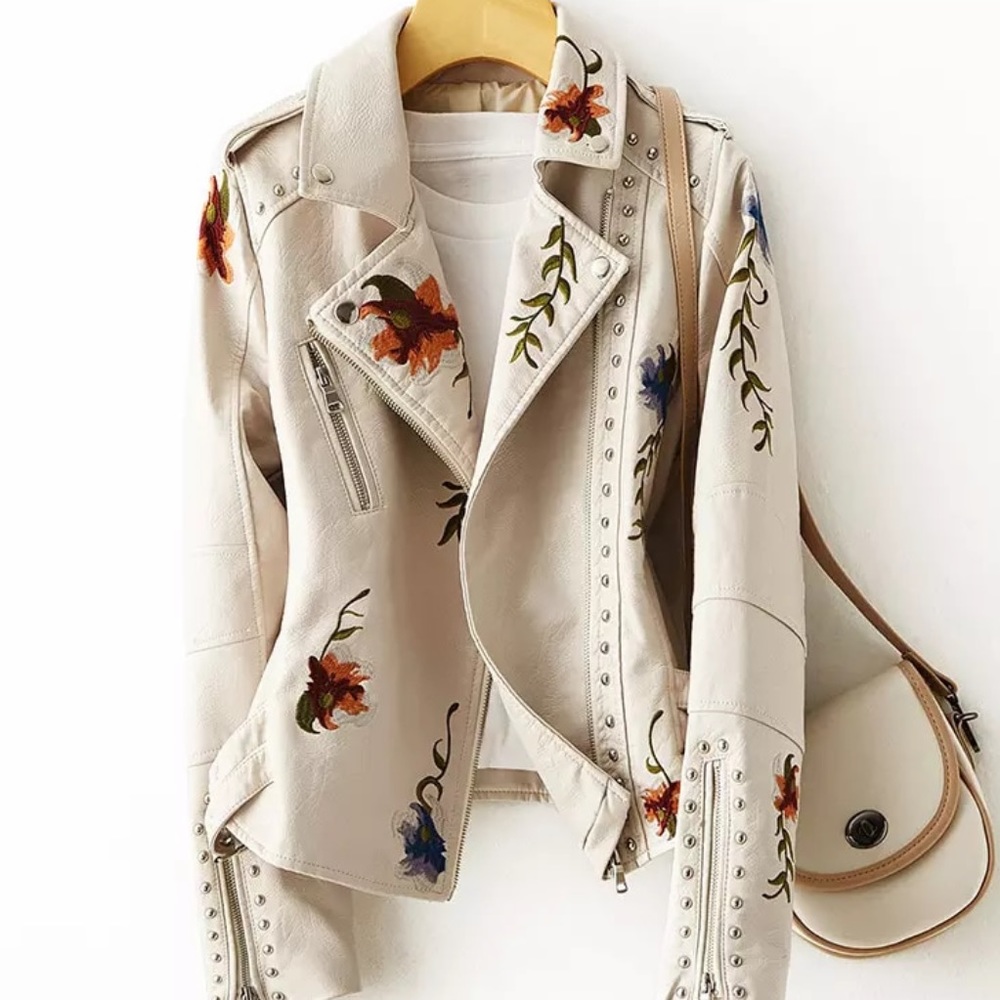 🎉New Chic Ivory Floral Print Embroidery FauxLeather Moto Jacket - Picture 2 of 16